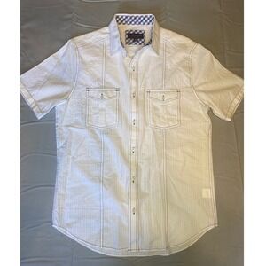 Johnston & Murphy Shirt Mens M White Blue Short Sleeve Contrast Stitch Preppy